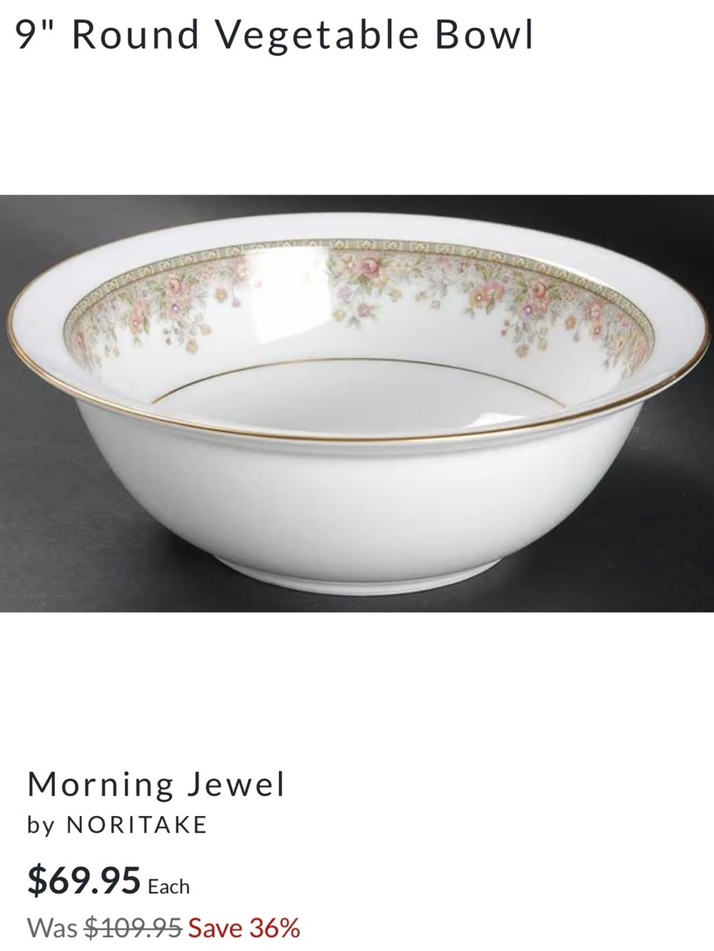 Noritake Ireland Morning Jewel 2767 Vegetable Bowl Floral with Gold Trim